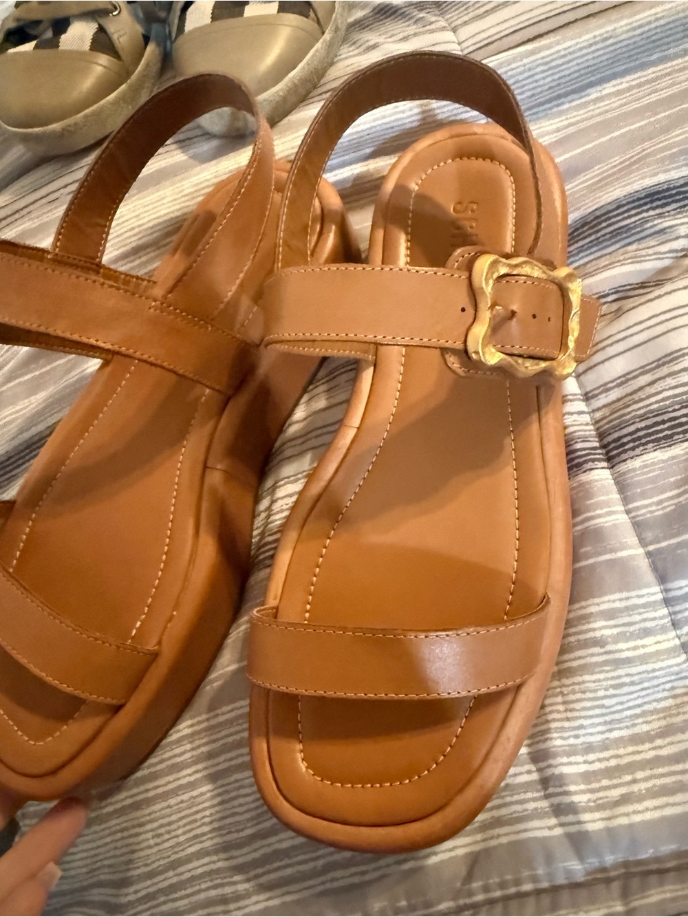 SCHUTZ Cognac Leather Slingback Sandals with Gold Buckle
